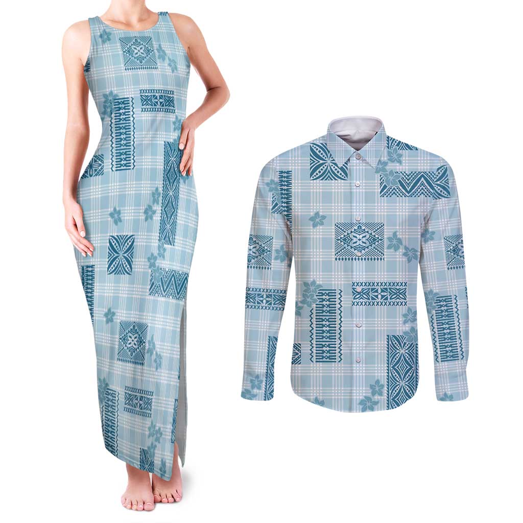 Hawaiian Quilt Tapa On Cold Blue Palaka Motifs Couples Matching Tank Maxi Dress and Long Sleeve Button Shirt