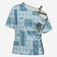 Hawaiian Quilt Tapa On Cold Blue Palaka Motifs Cross Shoulder Shirt