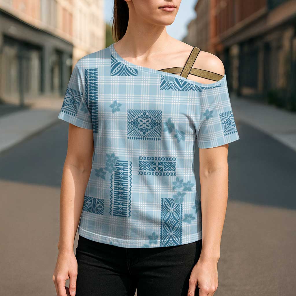 Hawaiian Quilt Tapa On Cold Blue Palaka Motifs Cross Shoulder Shirt