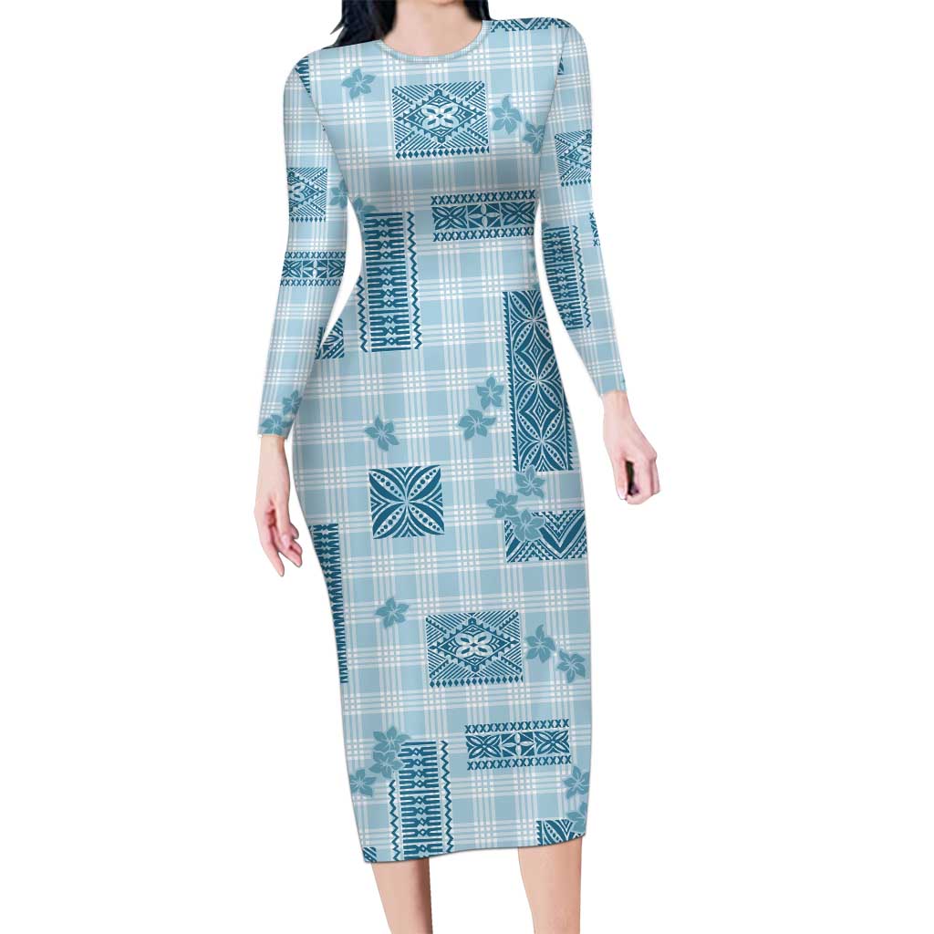 Hawaiian Quilt Tapa On Cold Blue Palaka Motifs Family Matching Long Sleeve Bodycon Dress and Hawaiian Shirt