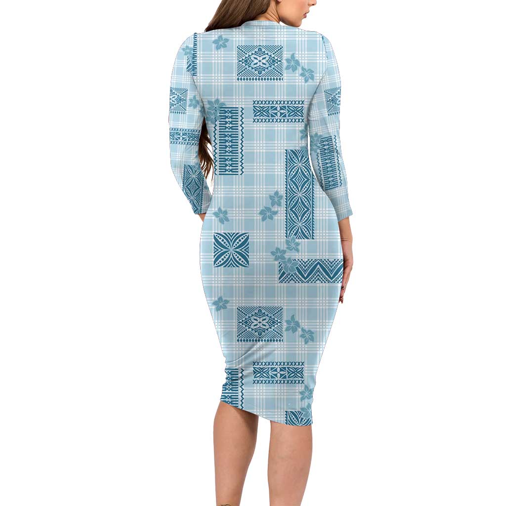 Hawaiian Quilt Tapa On Cold Blue Palaka Motifs Family Matching Long Sleeve Bodycon Dress and Hawaiian Shirt
