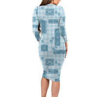Hawaiian Quilt Tapa On Cold Blue Palaka Motifs Family Matching Long Sleeve Bodycon Dress and Hawaiian Shirt