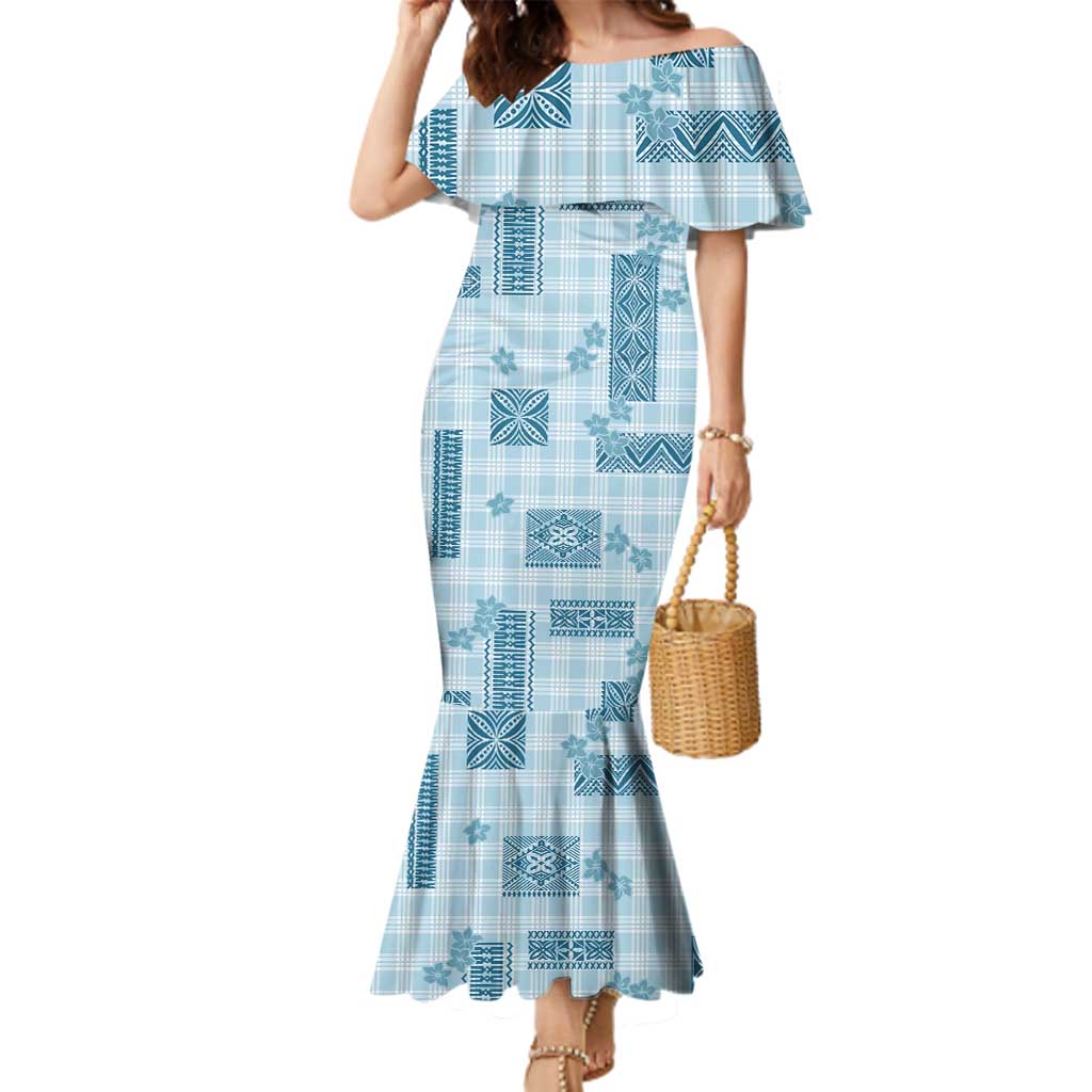 Hawaiian Quilt Tapa On Cold Blue Palaka Motifs Family Matching Mermaid Dress and Hawaiian Shirt