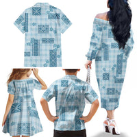 Hawaiian Quilt Tapa On Cold Blue Palaka Motifs Family Matching Off The Shoulder Long Sleeve Dress and Hawaiian Shirt