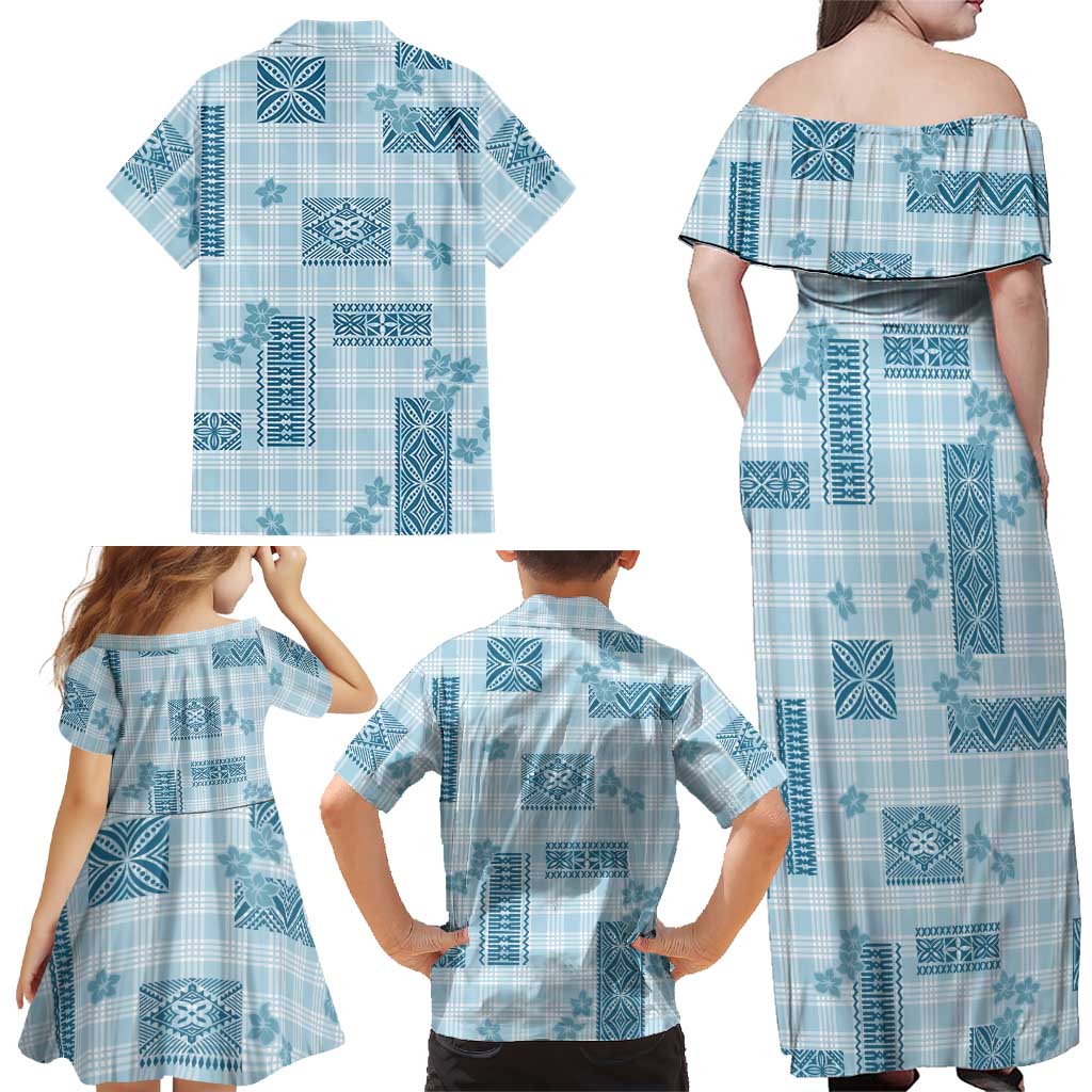 Hawaiian Quilt Tapa On Cold Blue Palaka Motifs Family Matching Off Shoulder Maxi Dress and Hawaiian Shirt