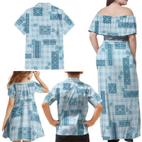 Hawaiian Quilt Tapa On Cold Blue Palaka Motifs Family Matching Off Shoulder Maxi Dress and Hawaiian Shirt