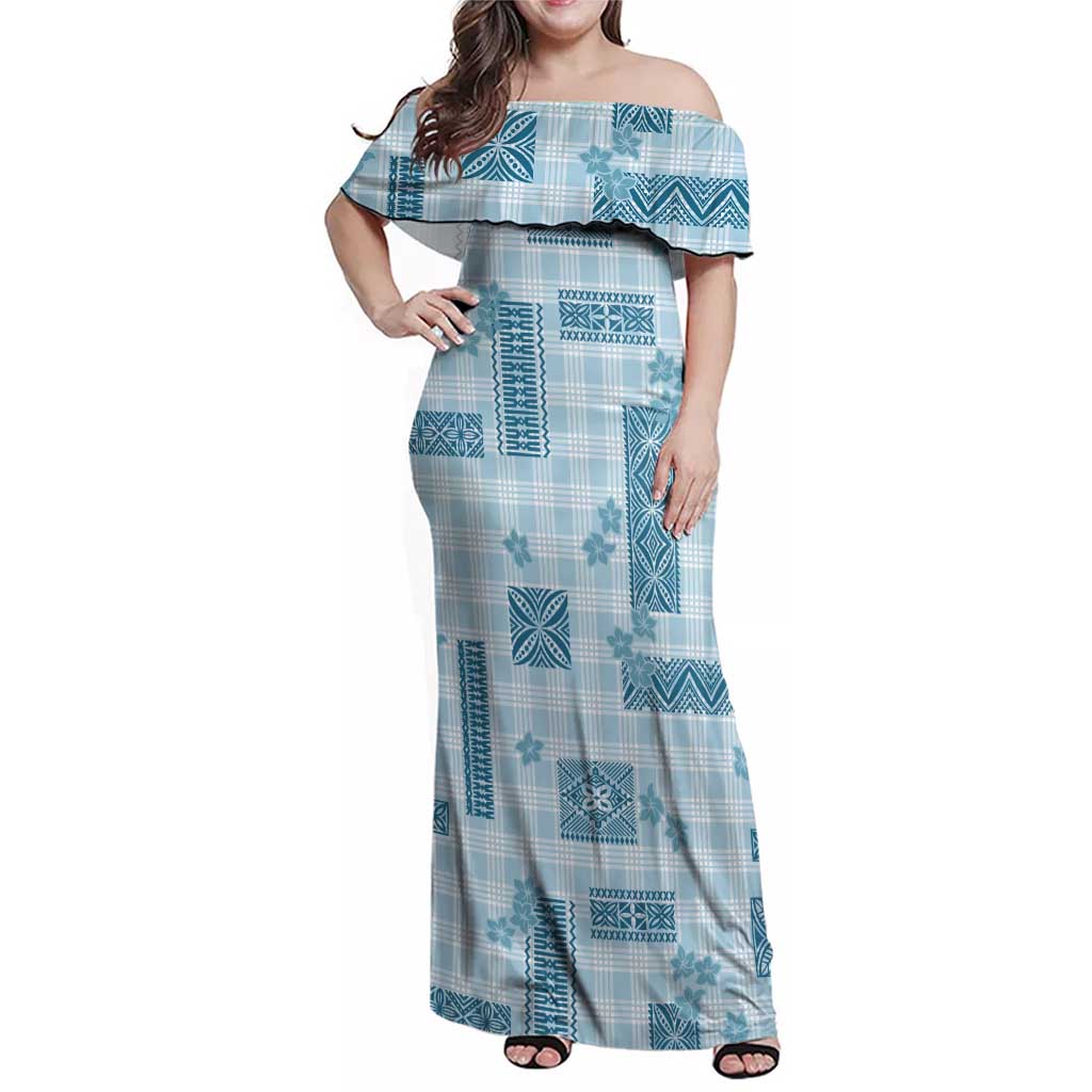Hawaiian Quilt Tapa On Cold Blue Palaka Motifs Family Matching Off Shoulder Maxi Dress and Hawaiian Shirt