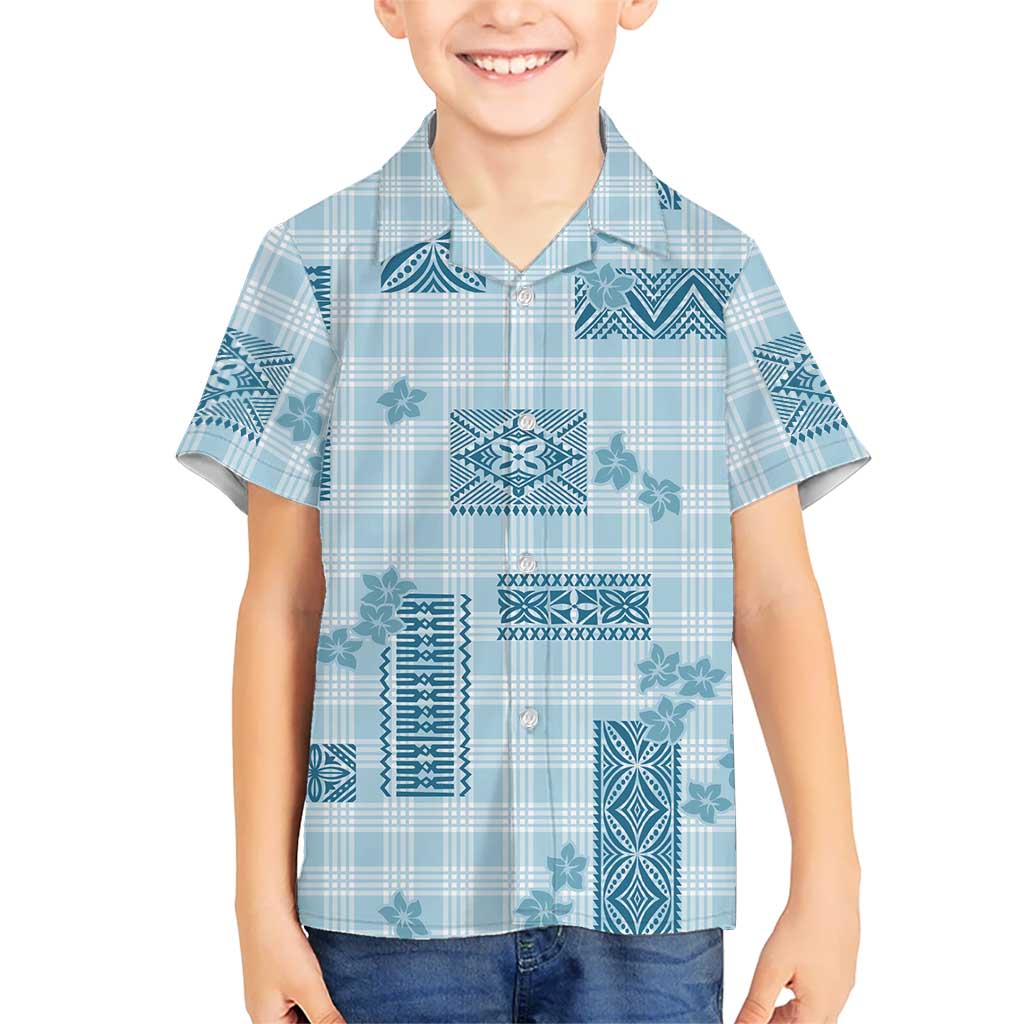Hawaiian Quilt Tapa On Cold Blue Palaka Motifs Family Matching Off Shoulder Maxi Dress and Hawaiian Shirt