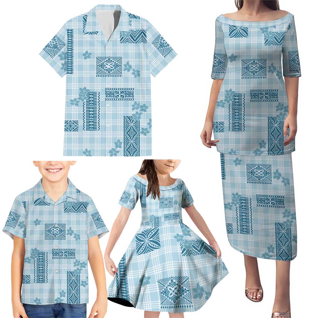 Hawaiian Quilt Tapa On Cold Blue Palaka Motifs Family Matching Puletasi and Hawaiian Shirt LT7 - Polynesian Pride