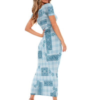 Hawaiian Quilt Tapa On Cold Blue Palaka Motifs Family Matching Short Sleeve Bodycon Dress and Hawaiian Shirt