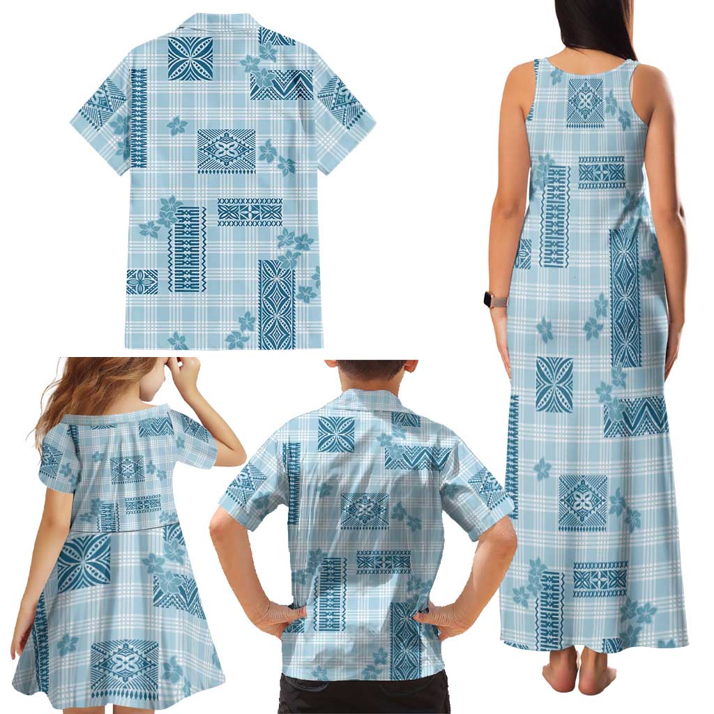 Hawaiian Quilt Tapa On Cold Blue Palaka Motifs Family Matching Tank Maxi Dress and Hawaiian Shirt