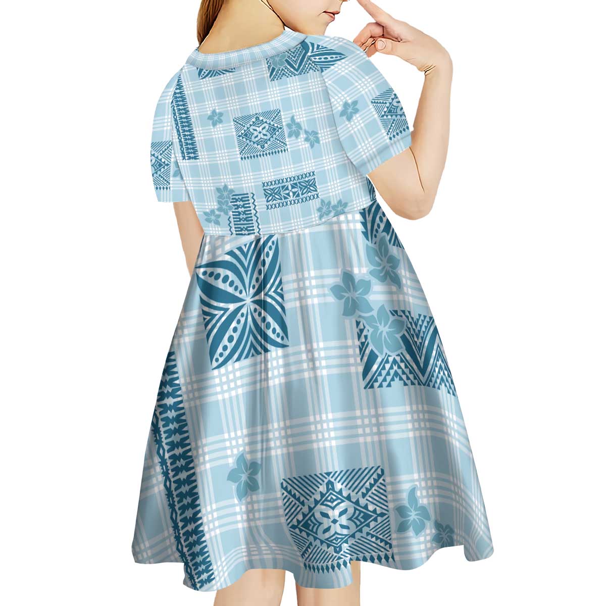 Hawaiian Quilt Tapa On Cold Blue Palaka Motifs Kid Short Sleeve Dress