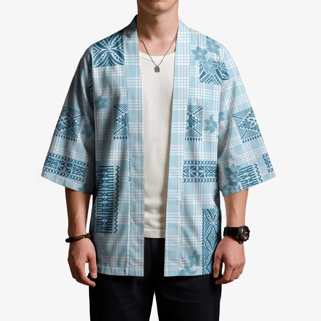 Hawaiian Quilt Tapa On Cold Blue Palaka Motifs Kimono