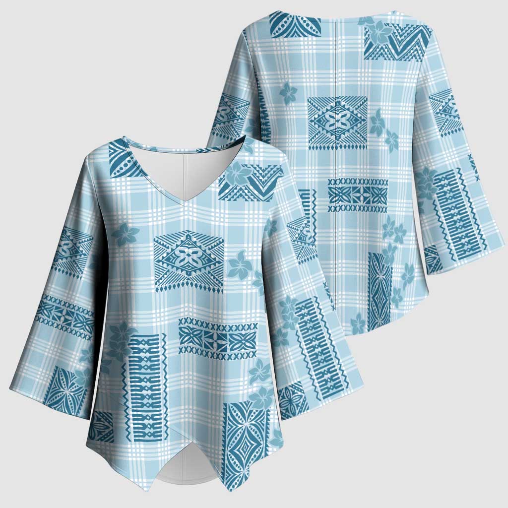 Hawaiian Quilt Tapa On Cold Blue Palaka Motifs Kimono Sleeve Blouse