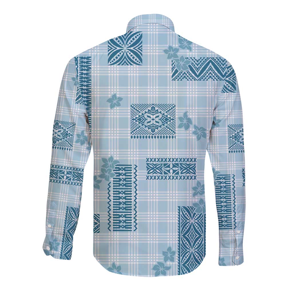 Hawaiian Quilt Tapa On Cold Blue Palaka Motifs Long Sleeve Button Shirt
