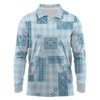 Hawaiian Quilt Tapa On Cold Blue Palaka Motifs Long Sleeve Polo Shirt