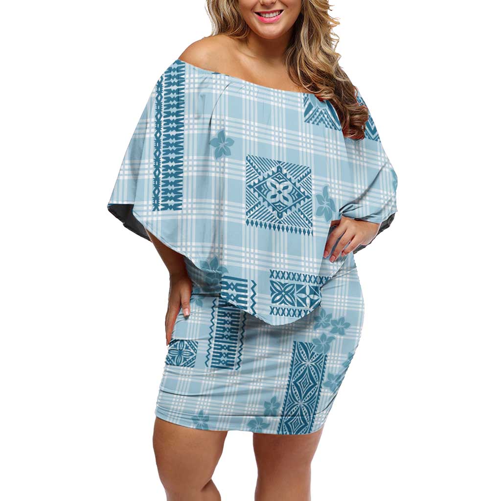 Hawaiian Quilt Tapa On Cold Blue Palaka Motifs Off Shoulder Short Dress