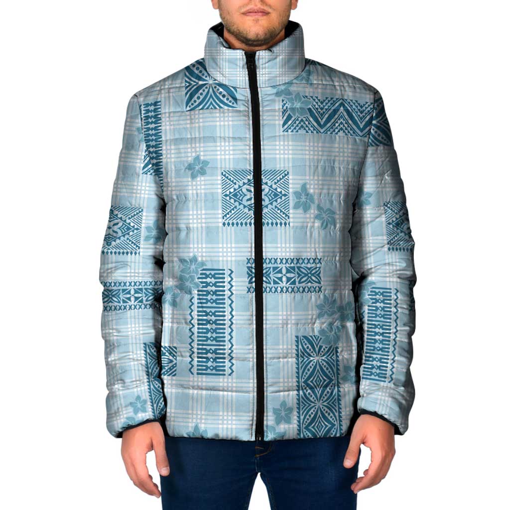 Hawaiian Quilt Tapa On Cold Blue Palaka Motifs Padded Jacket