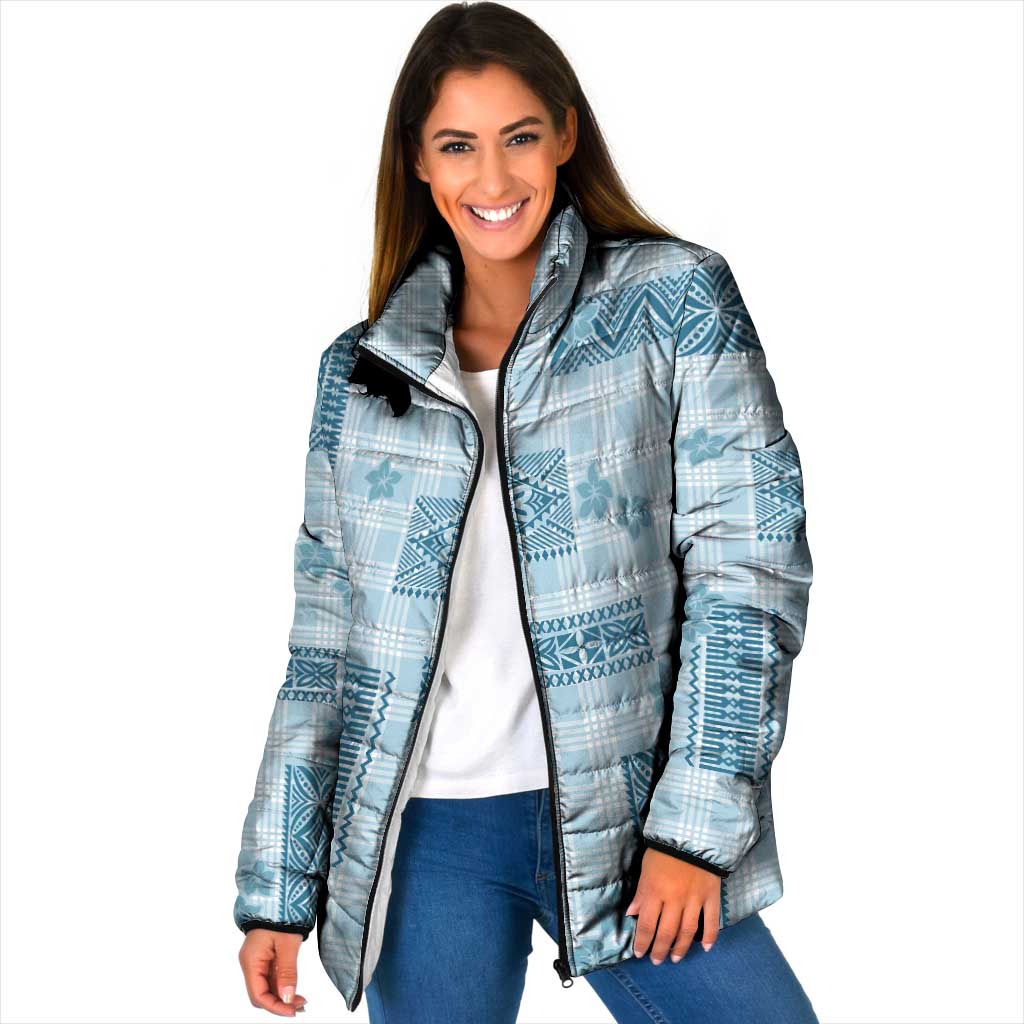 Hawaiian Quilt Tapa On Cold Blue Palaka Motifs Padded Jacket