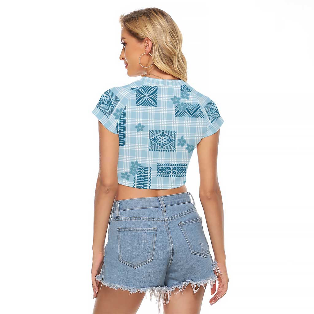 Hawaiian Quilt Tapa On Cold Blue Palaka Motifs Raglan Cropped T Shirt