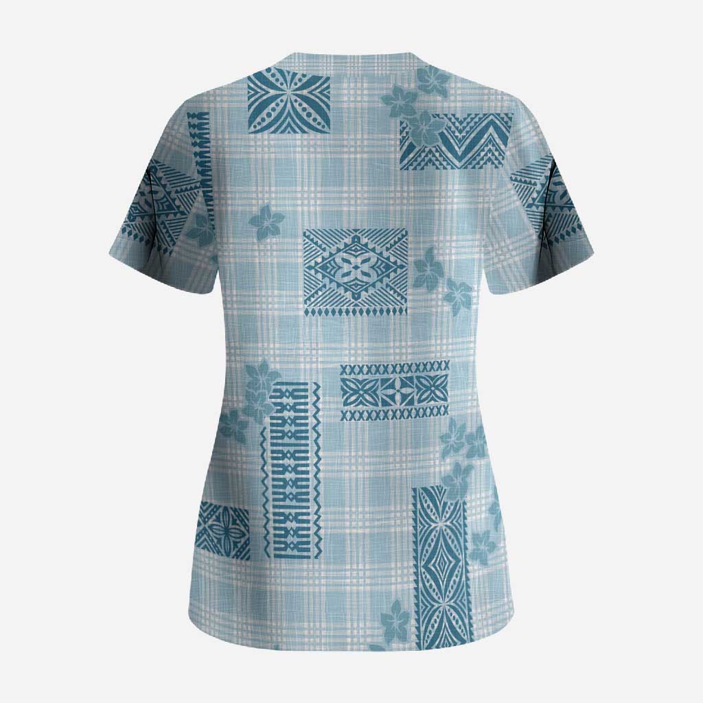 Hawaiian Quilt Tapa On Cold Blue Palaka Motifs Scrub Top