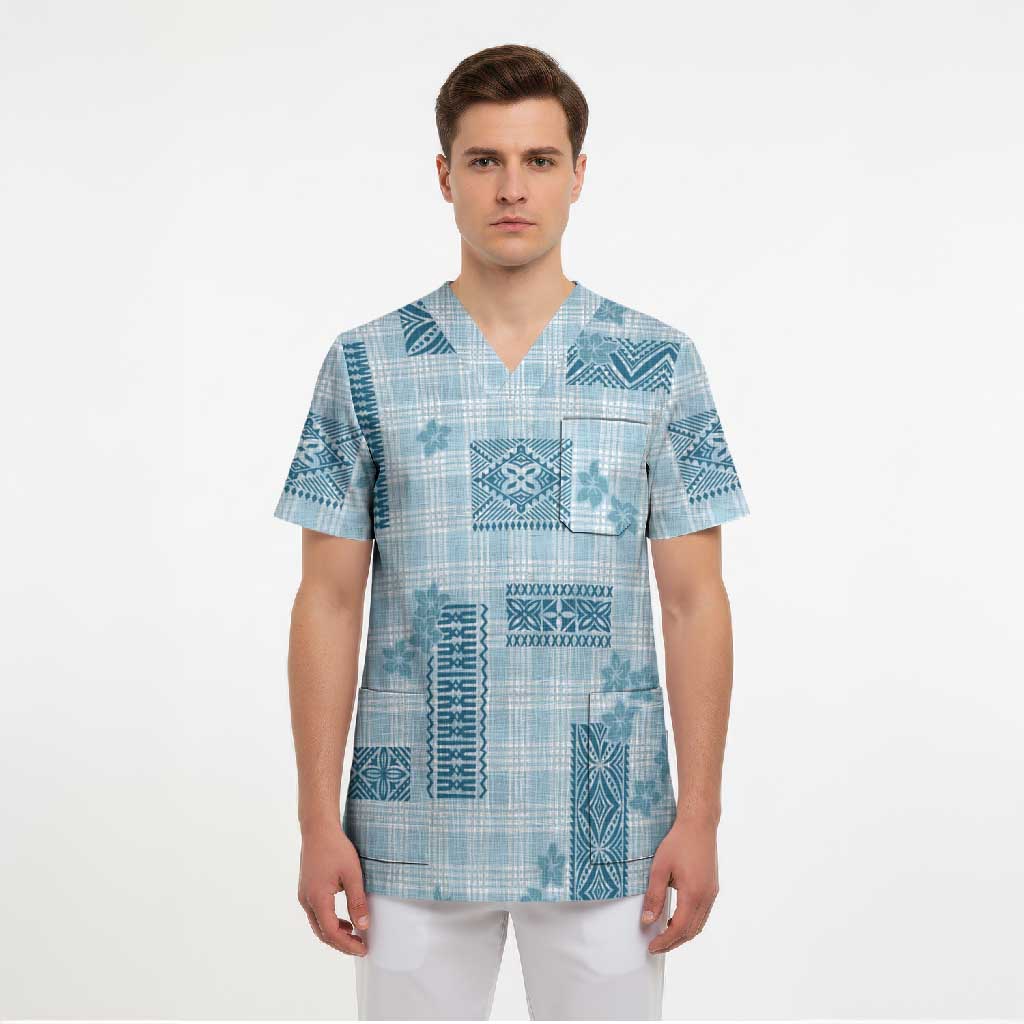 Hawaiian Quilt Tapa On Cold Blue Palaka Motifs Scrub Top
