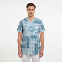 Hawaiian Quilt Tapa On Cold Blue Palaka Motifs Scrub Top