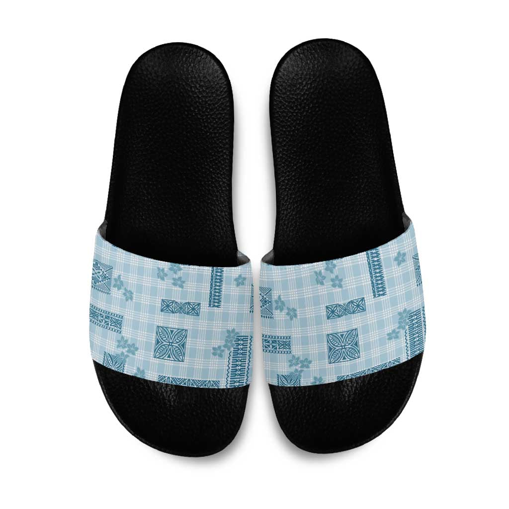 Hawaiian Quilt Tapa On Cold Blue Palaka Motifs Slide Sandals LT7 Azure - Polynesian Pride