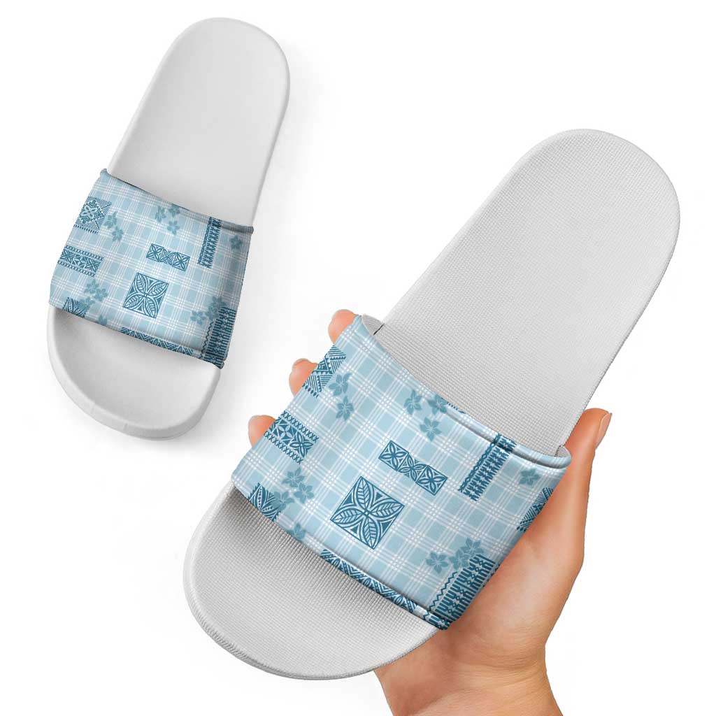Hawaiian Quilt Tapa On Cold Blue Palaka Motifs Slide Sandals LT7 - Polynesian Pride