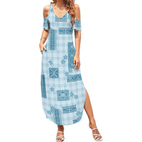 Hawaiian Quilt Tapa On Cold Blue Palaka Motifs Summer Maxi Dress