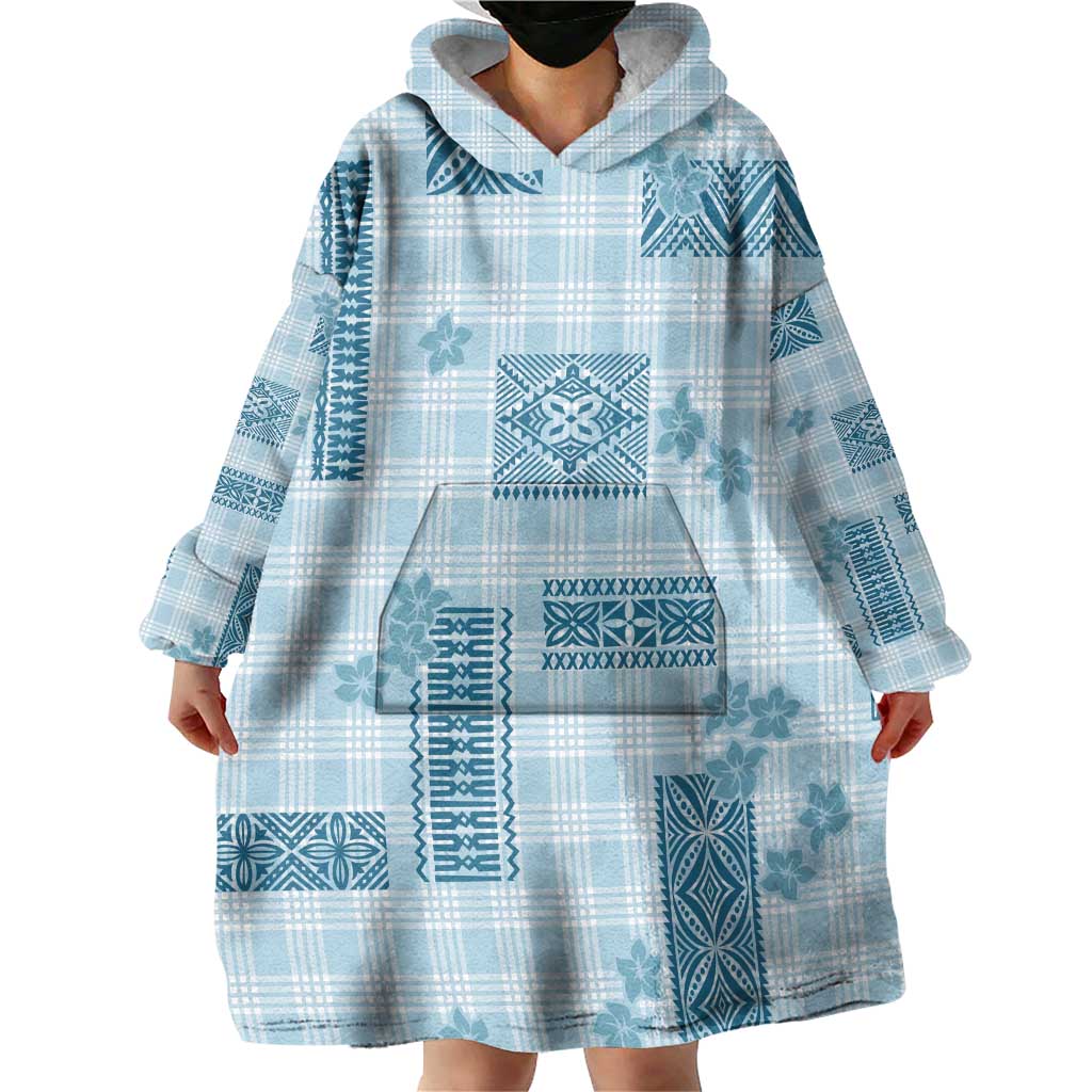 Hawaiian Quilt Tapa On Cold Blue Palaka Motifs Wearable Blanket Hoodie