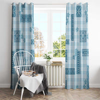 Hawaiian Quilt Tapa On Cold Blue Palaka Motifs Window Curtain