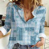 Hawaiian Quilt Tapa On Cold Blue Palaka Motifs Women Casual Shirt