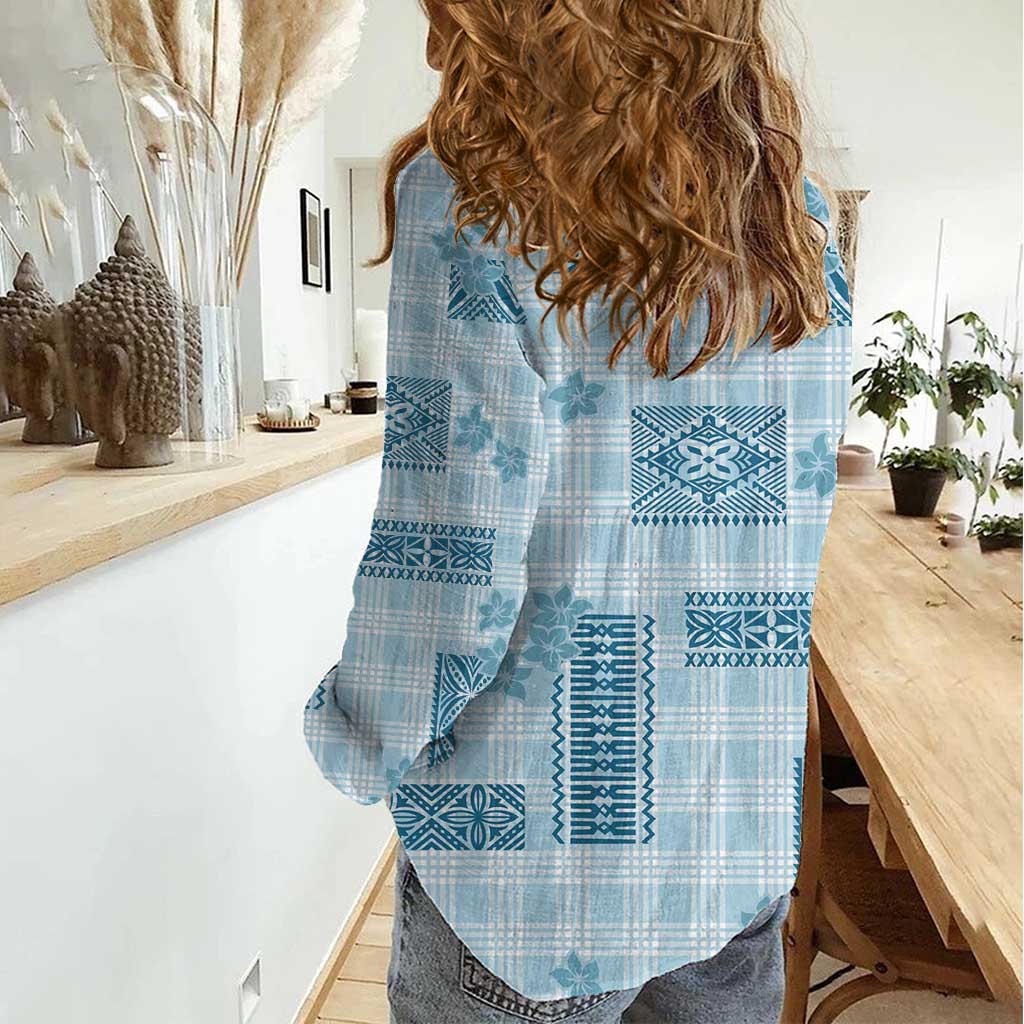 Hawaiian Quilt Tapa On Cold Blue Palaka Motifs Women Casual Shirt