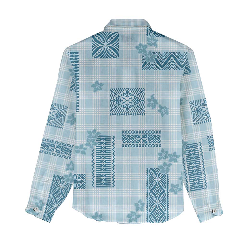 Hawaiian Quilt Tapa On Cold Blue Palaka Motifs Women Casual Shirt