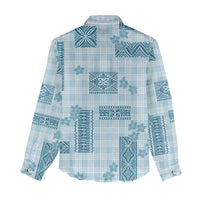 Hawaiian Quilt Tapa On Cold Blue Palaka Motifs Women Casual Shirt