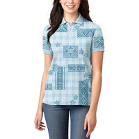 Hawaiian Quilt Tapa On Cold Blue Palaka Motifs Women Polo Shirt