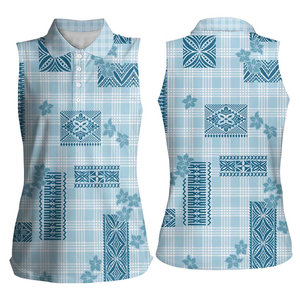 Hawaiian Quilt Tapa On Cold Blue Palaka Motifs Women Sleeveless Polo Shirt