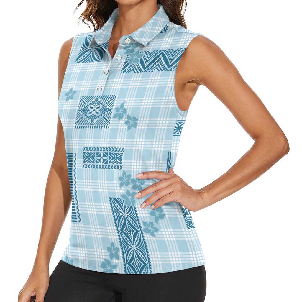 Hawaiian Quilt Tapa On Cold Blue Palaka Motifs Women Sleeveless Polo Shirt