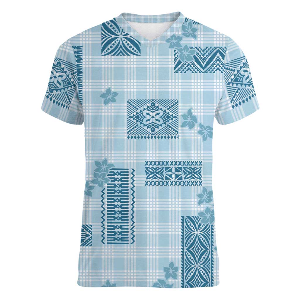 Hawaiian Quilt Tapa On Cold Blue Palaka Motifs Women V-Neck T-Shirt