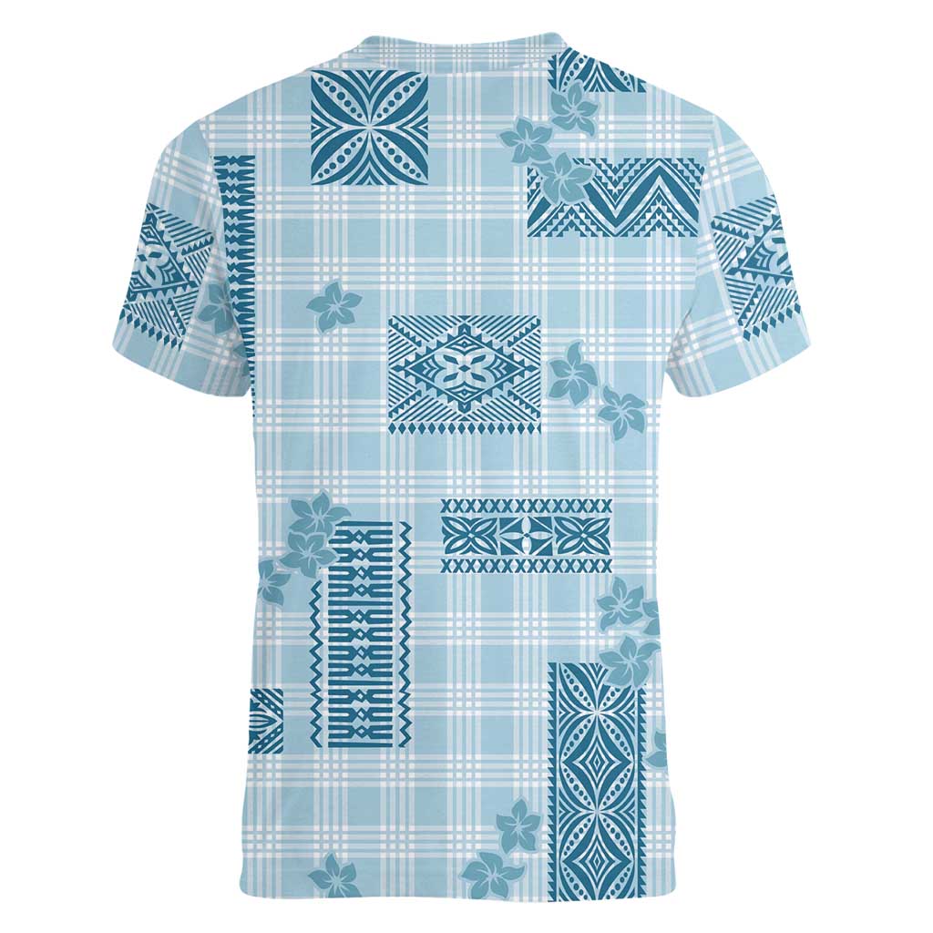 Hawaiian Quilt Tapa On Cold Blue Palaka Motifs Women V-Neck T-Shirt