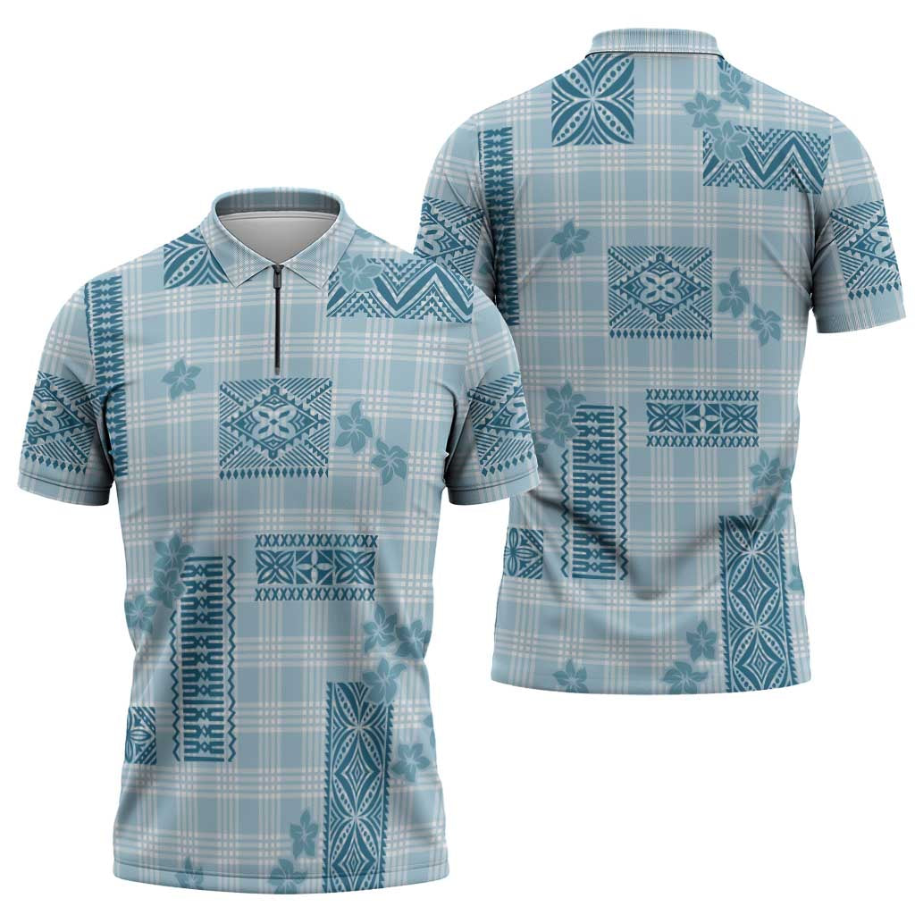 Hawaiian Quilt Tapa On Cold Blue Palaka Motifs Zipper Polo Shirt