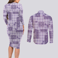 Hawaiian Quilt Tapa On Lilac Palaka Motifs Couples Matching Long Sleeve Bodycon Dress and Long Sleeve Button Shirt