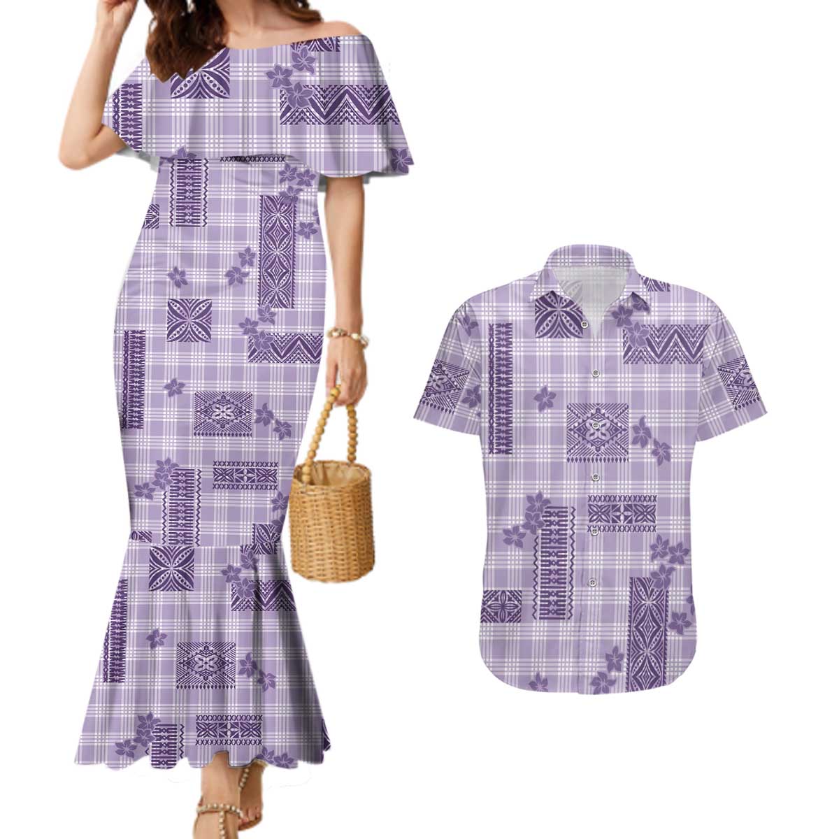 Hawaiian Quilt Tapa On Lilac Palaka Motifs Couples Matching Mermaid Dress and Hawaiian Shirt