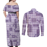 Hawaiian Quilt Tapa On Lilac Palaka Motifs Couples Matching Off Shoulder Maxi Dress and Long Sleeve Button Shirt