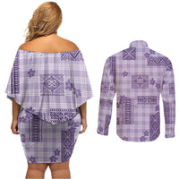 Hawaiian Quilt Tapa On Lilac Palaka Motifs Couples Matching Off Shoulder Short Dress and Long Sleeve Button Shirt
