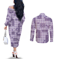 Hawaiian Quilt Tapa On Lilac Palaka Motifs Couples Matching Off The Shoulder Long Sleeve Dress and Long Sleeve Button Shirt