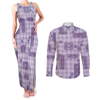 Hawaiian Quilt Tapa On Lilac Palaka Motifs Couples Matching Tank Maxi Dress and Long Sleeve Button Shirt