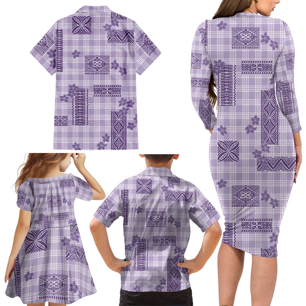 Hawaiian Quilt Tapa On Lilac Palaka Motifs Family Matching Long Sleeve Bodycon Dress and Hawaiian Shirt