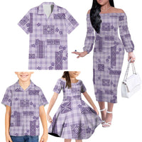 Hawaiian Quilt Tapa On Lilac Palaka Motifs Family Matching Off The Shoulder Long Sleeve Dress and Hawaiian Shirt